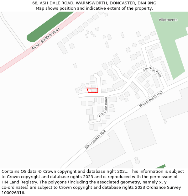 68, ASH DALE ROAD, WARMSWORTH, DONCASTER, DN4 9NG: Location map and indicative extent of plot