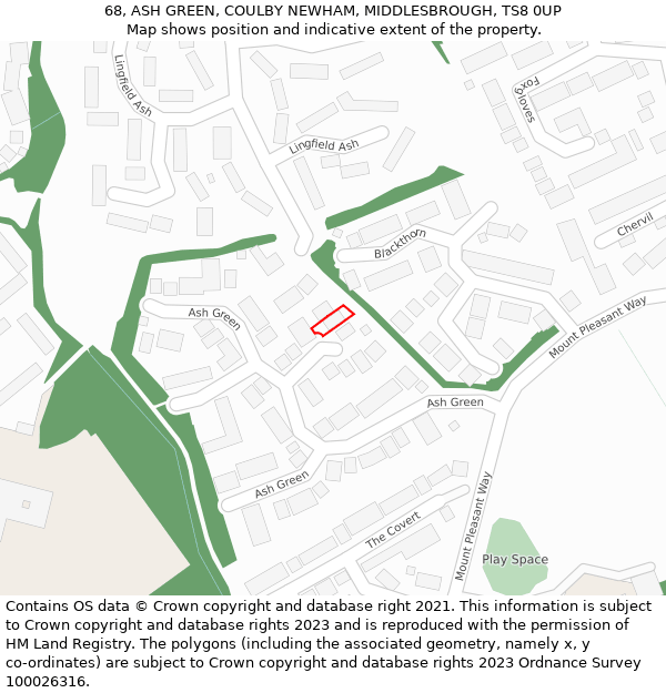 68, ASH GREEN, COULBY NEWHAM, MIDDLESBROUGH, TS8 0UP: Location map and indicative extent of plot