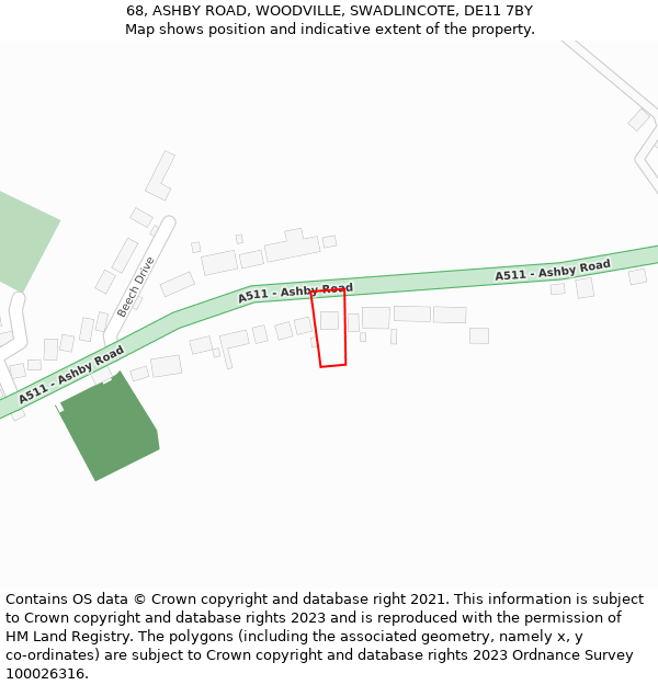 68, ASHBY ROAD, WOODVILLE, SWADLINCOTE, DE11 7BY: Location map and indicative extent of plot