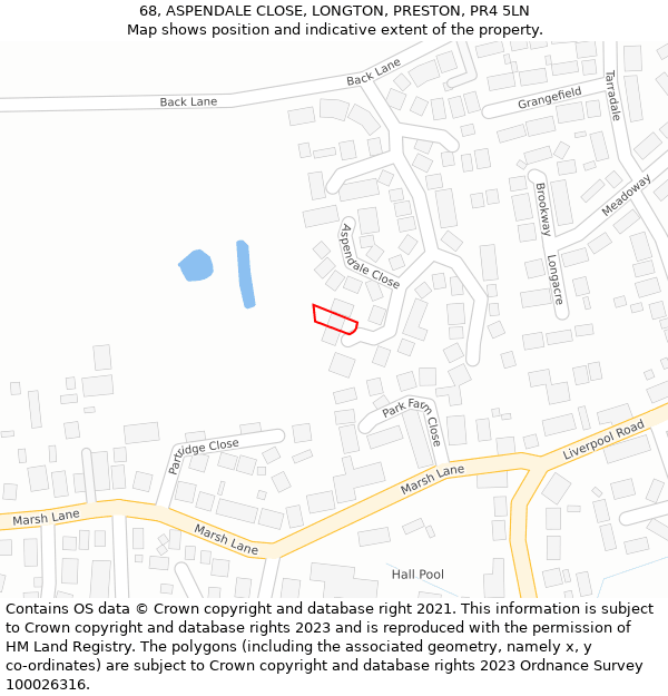 68, ASPENDALE CLOSE, LONGTON, PRESTON, PR4 5LN: Location map and indicative extent of plot