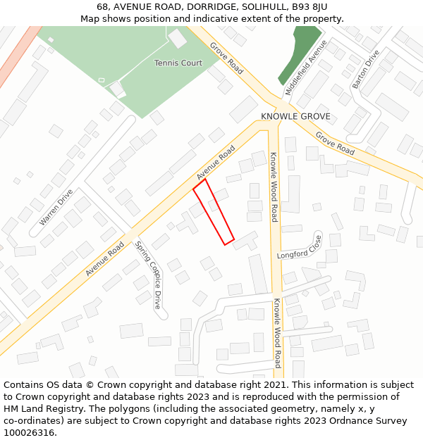 68, AVENUE ROAD, DORRIDGE, SOLIHULL, B93 8JU: Location map and indicative extent of plot