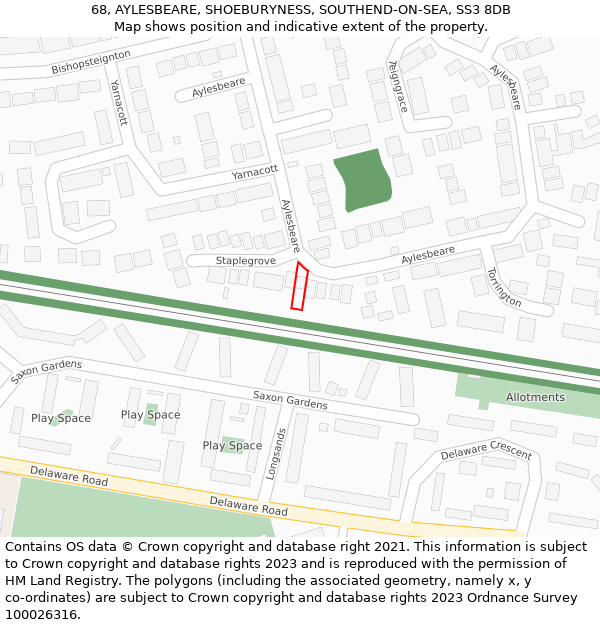 68, AYLESBEARE, SHOEBURYNESS, SOUTHEND-ON-SEA, SS3 8DB: Location map and indicative extent of plot