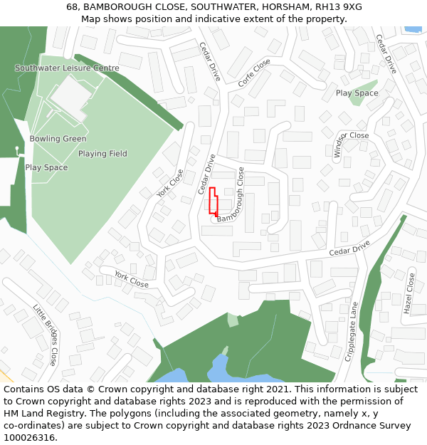 68, BAMBOROUGH CLOSE, SOUTHWATER, HORSHAM, RH13 9XG: Location map and indicative extent of plot