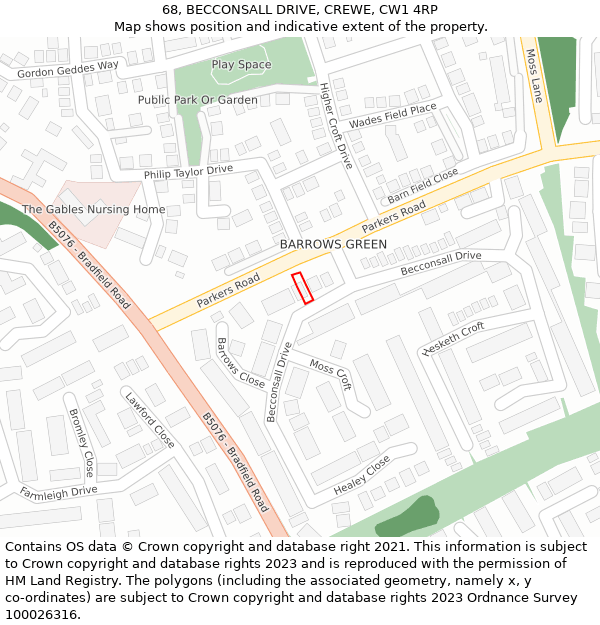 68, BECCONSALL DRIVE, CREWE, CW1 4RP: Location map and indicative extent of plot