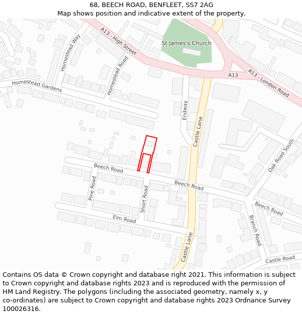 68, BEECH ROAD, BENFLEET, SS7 2AG: Location map and indicative extent of plot