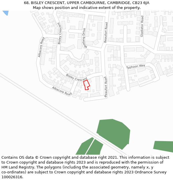 68, BISLEY CRESCENT, UPPER CAMBOURNE, CAMBRIDGE, CB23 6JA: Location map and indicative extent of plot