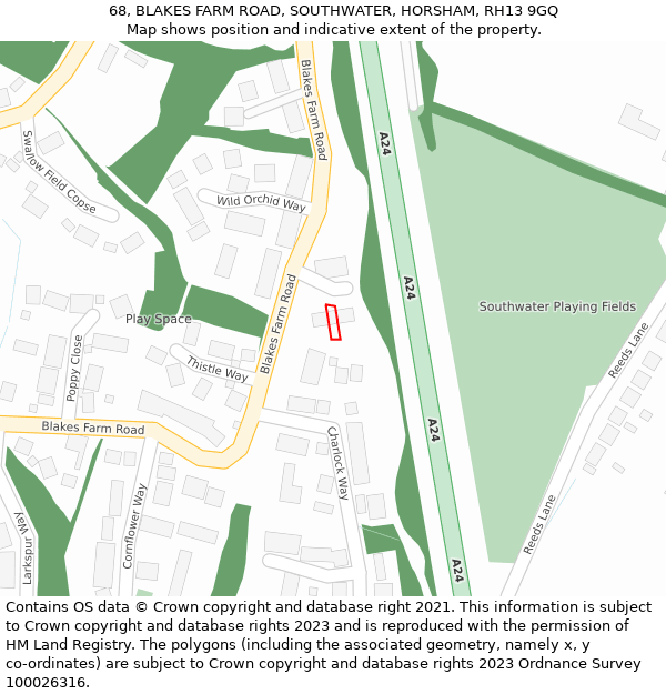 68, BLAKES FARM ROAD, SOUTHWATER, HORSHAM, RH13 9GQ: Location map and indicative extent of plot