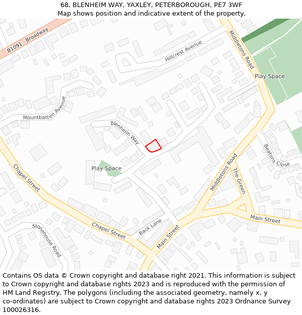 68, BLENHEIM WAY, YAXLEY, PETERBOROUGH, PE7 3WF: Location map and indicative extent of plot