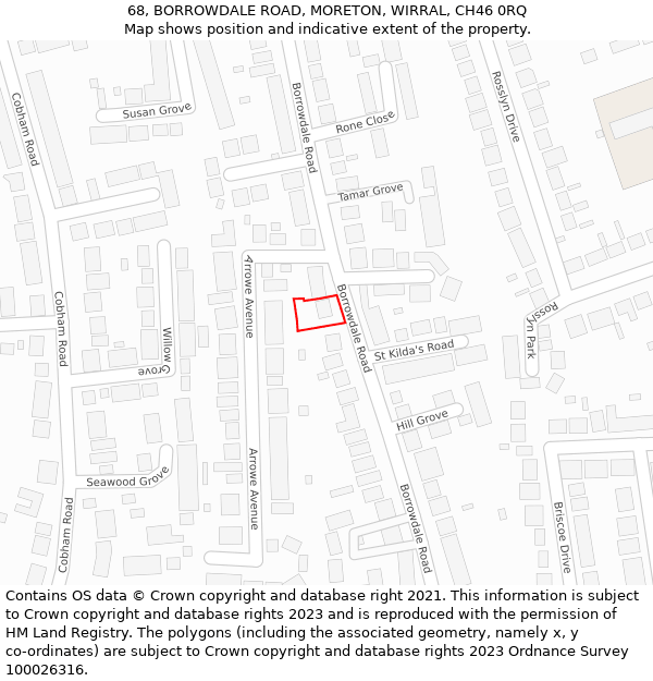 68, BORROWDALE ROAD, MORETON, WIRRAL, CH46 0RQ: Location map and indicative extent of plot