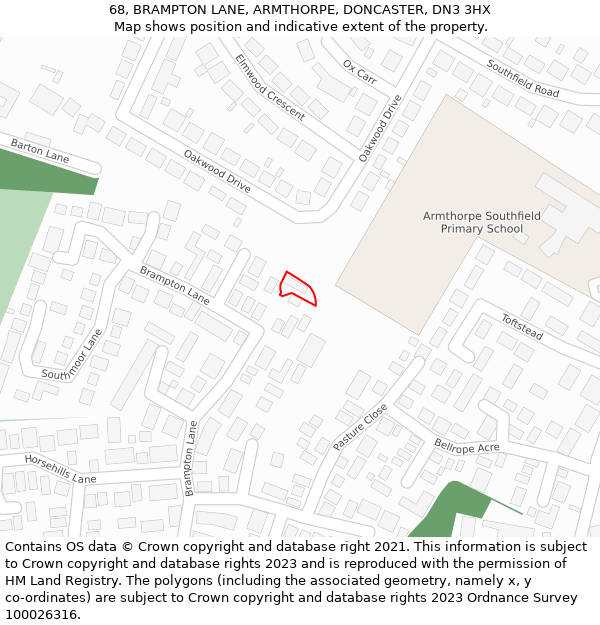 68, BRAMPTON LANE, ARMTHORPE, DONCASTER, DN3 3HX: Location map and indicative extent of plot