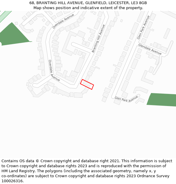 68, BRANTING HILL AVENUE, GLENFIELD, LEICESTER, LE3 8GB: Location map and indicative extent of plot