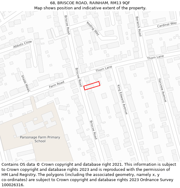 68, BRISCOE ROAD, RAINHAM, RM13 9QF: Location map and indicative extent of plot