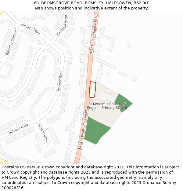 68, BROMSGROVE ROAD, ROMSLEY, HALESOWEN, B62 0LF: Location map and indicative extent of plot