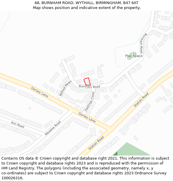 68, BURNHAM ROAD, WYTHALL, BIRMINGHAM, B47 6AT: Location map and indicative extent of plot