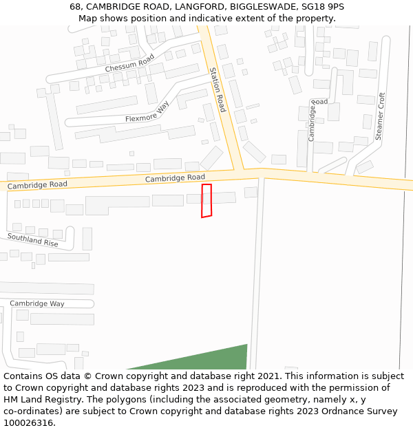 68, CAMBRIDGE ROAD, LANGFORD, BIGGLESWADE, SG18 9PS: Location map and indicative extent of plot