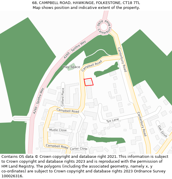 68, CAMPBELL ROAD, HAWKINGE, FOLKESTONE, CT18 7TL: Location map and indicative extent of plot