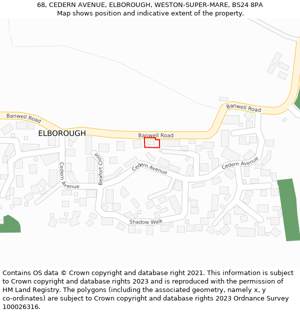 68, CEDERN AVENUE, ELBOROUGH, WESTON-SUPER-MARE, BS24 8PA: Location map and indicative extent of plot