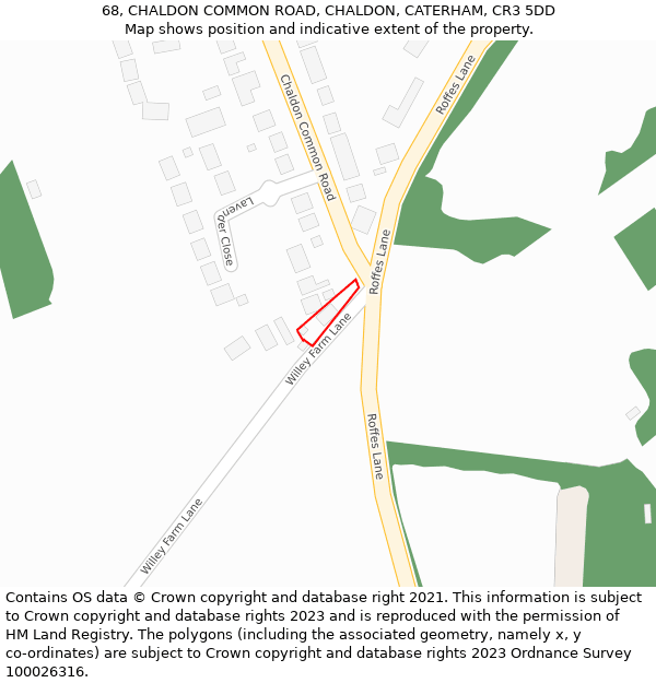 68, CHALDON COMMON ROAD, CHALDON, CATERHAM, CR3 5DD: Location map and indicative extent of plot