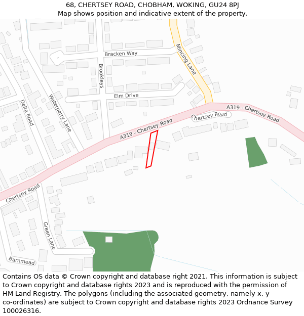 68, CHERTSEY ROAD, CHOBHAM, WOKING, GU24 8PJ: Location map and indicative extent of plot