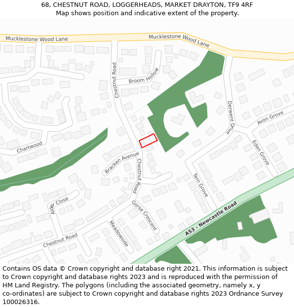 68, CHESTNUT ROAD, LOGGERHEADS, MARKET DRAYTON, TF9 4RF: Location map and indicative extent of plot