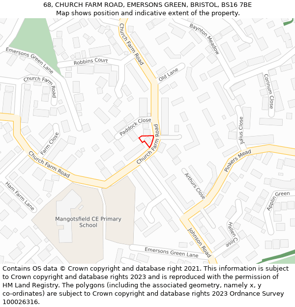 68, CHURCH FARM ROAD, EMERSONS GREEN, BRISTOL, BS16 7BE: Location map and indicative extent of plot