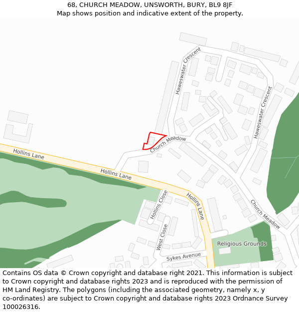 68, CHURCH MEADOW, UNSWORTH, BURY, BL9 8JF: Location map and indicative extent of plot