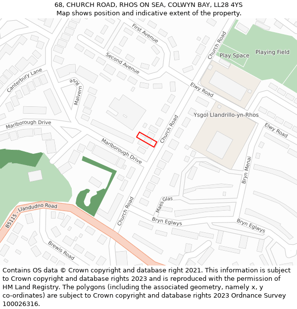 68, CHURCH ROAD, RHOS ON SEA, COLWYN BAY, LL28 4YS: Location map and indicative extent of plot