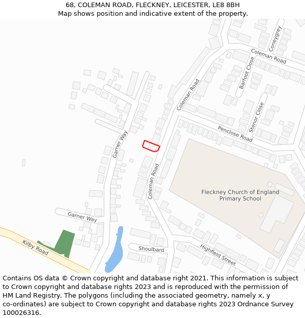 68, COLEMAN ROAD, FLECKNEY, LEICESTER, LE8 8BH: Location map and indicative extent of plot