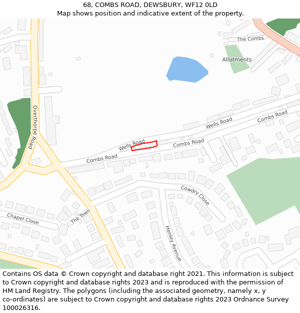 68, COMBS ROAD, DEWSBURY, WF12 0LD: Location map and indicative extent of plot