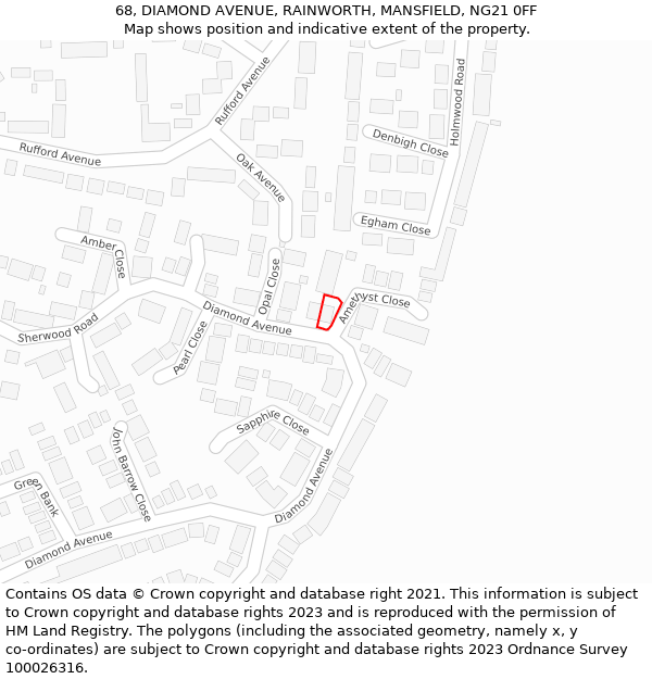 68, DIAMOND AVENUE, RAINWORTH, MANSFIELD, NG21 0FF: Location map and indicative extent of plot