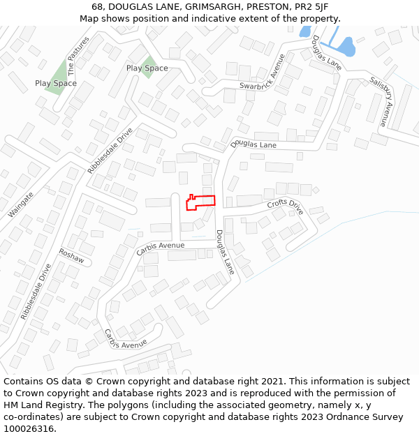 68, DOUGLAS LANE, GRIMSARGH, PRESTON, PR2 5JF: Location map and indicative extent of plot