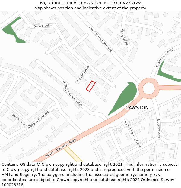 68, DURRELL DRIVE, CAWSTON, RUGBY, CV22 7GW: Location map and indicative extent of plot