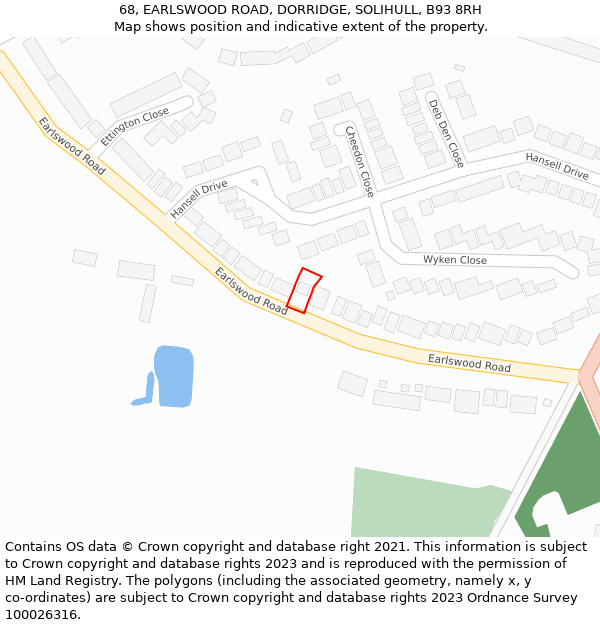 68, EARLSWOOD ROAD, DORRIDGE, SOLIHULL, B93 8RH: Location map and indicative extent of plot
