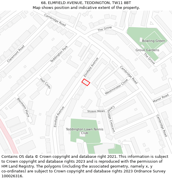 68, ELMFIELD AVENUE, TEDDINGTON, TW11 8BT: Location map and indicative extent of plot