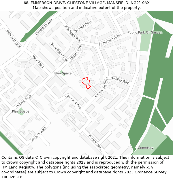 68, EMMERSON DRIVE, CLIPSTONE VILLAGE, MANSFIELD, NG21 9AX: Location map and indicative extent of plot
