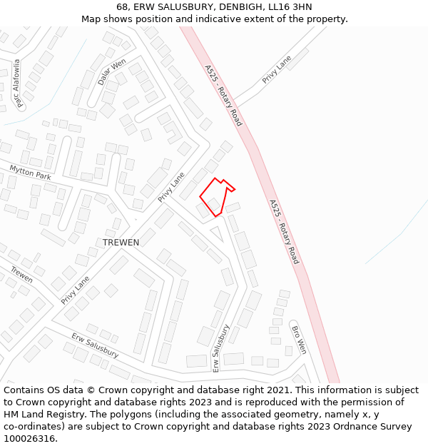 68, ERW SALUSBURY, DENBIGH, LL16 3HN: Location map and indicative extent of plot