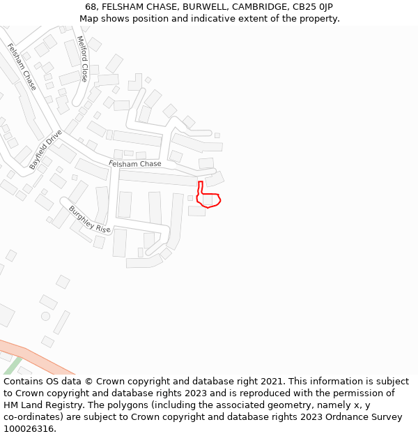 68, FELSHAM CHASE, BURWELL, CAMBRIDGE, CB25 0JP: Location map and indicative extent of plot