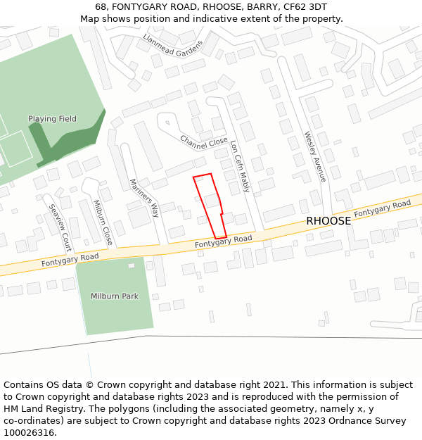 68, FONTYGARY ROAD, RHOOSE, BARRY, CF62 3DT: Location map and indicative extent of plot