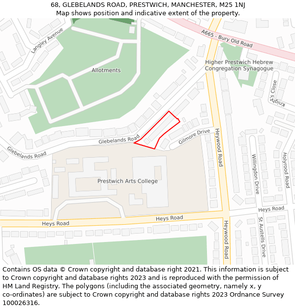 68, GLEBELANDS ROAD, PRESTWICH, MANCHESTER, M25 1NJ: Location map and indicative extent of plot