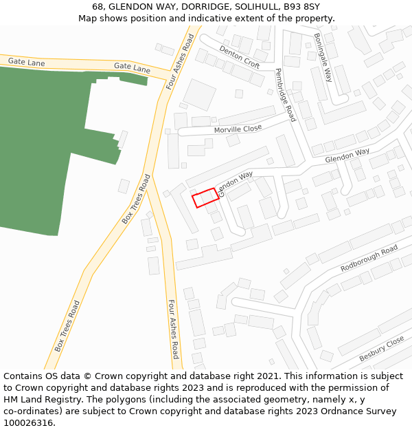 68, GLENDON WAY, DORRIDGE, SOLIHULL, B93 8SY: Location map and indicative extent of plot