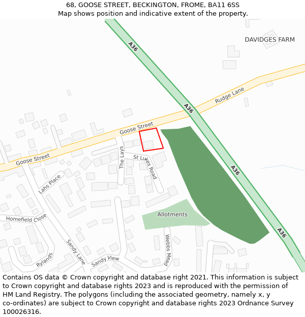 68, GOOSE STREET, BECKINGTON, FROME, BA11 6SS: Location map and indicative extent of plot