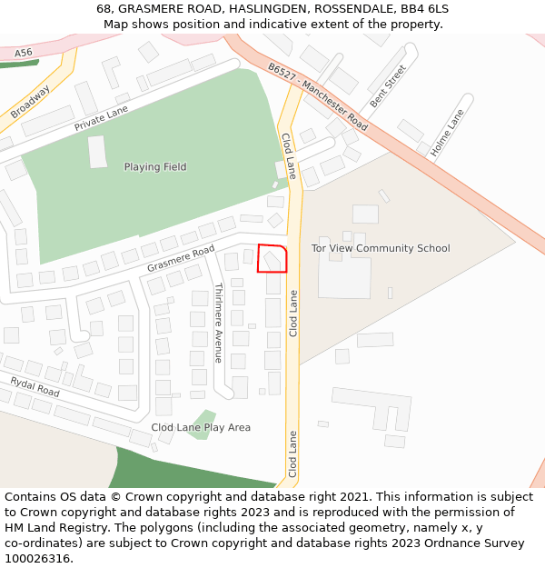 68, GRASMERE ROAD, HASLINGDEN, ROSSENDALE, BB4 6LS: Location map and indicative extent of plot