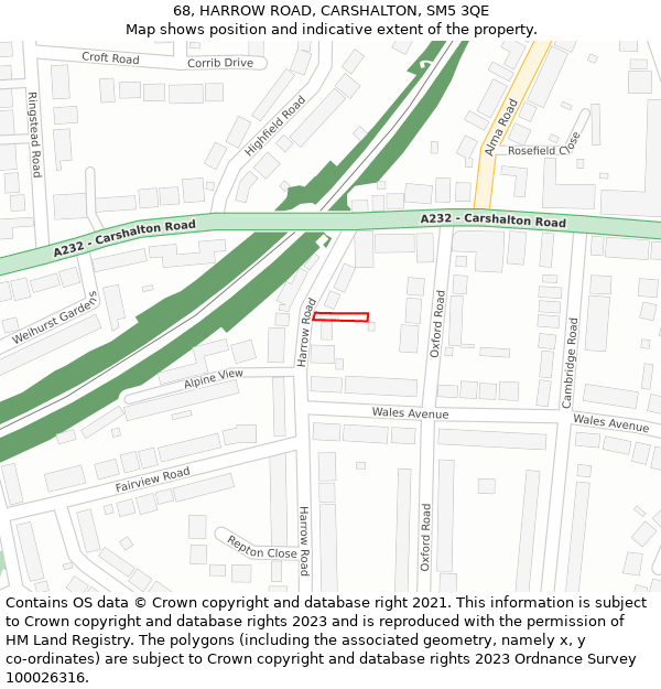 68, HARROW ROAD, CARSHALTON, SM5 3QE: Location map and indicative extent of plot