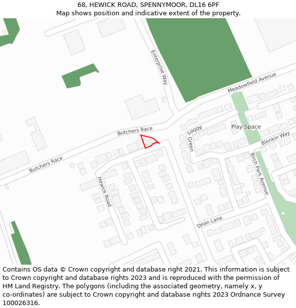 68, HEWICK ROAD, SPENNYMOOR, DL16 6PF: Location map and indicative extent of plot