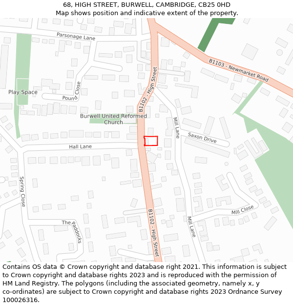 68, HIGH STREET, BURWELL, CAMBRIDGE, CB25 0HD: Location map and indicative extent of plot