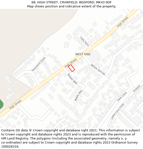 68, HIGH STREET, CRANFIELD, BEDFORD, MK43 0DF: Location map and indicative extent of plot