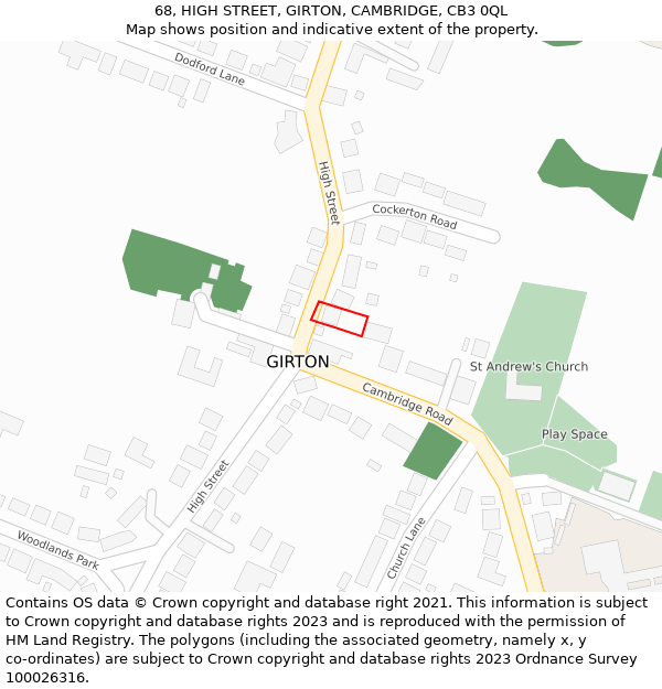 68, HIGH STREET, GIRTON, CAMBRIDGE, CB3 0QL: Location map and indicative extent of plot