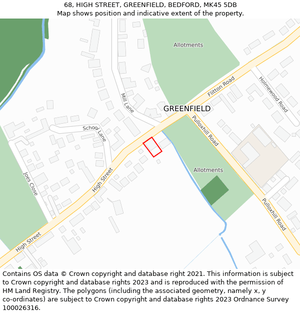 68, HIGH STREET, GREENFIELD, BEDFORD, MK45 5DB: Location map and indicative extent of plot