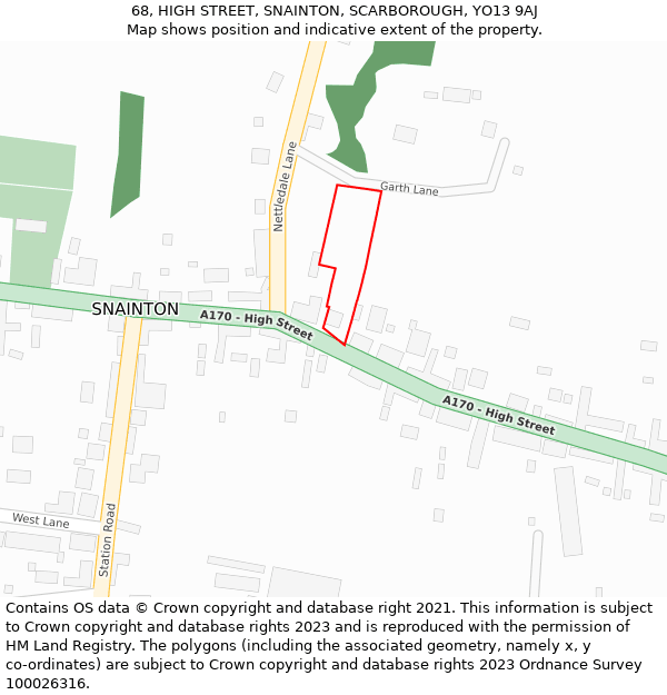 68, HIGH STREET, SNAINTON, SCARBOROUGH, YO13 9AJ: Location map and indicative extent of plot