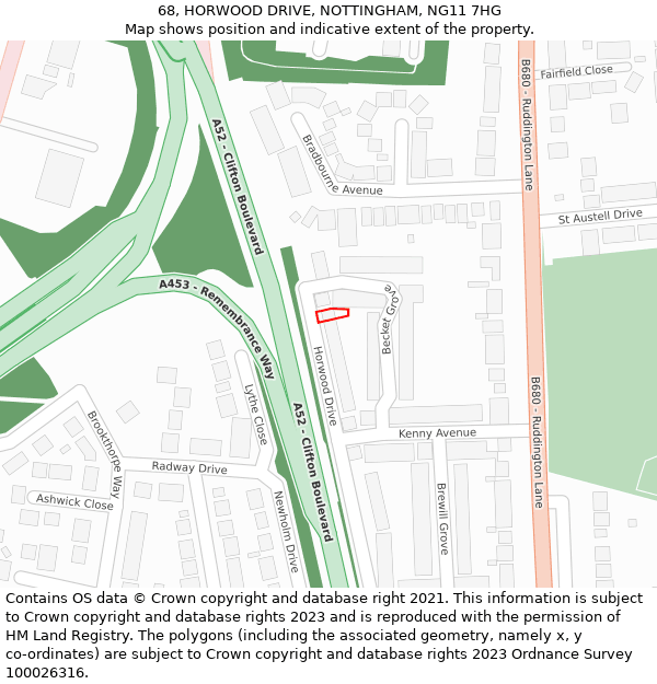 68, HORWOOD DRIVE, NOTTINGHAM, NG11 7HG: Location map and indicative extent of plot